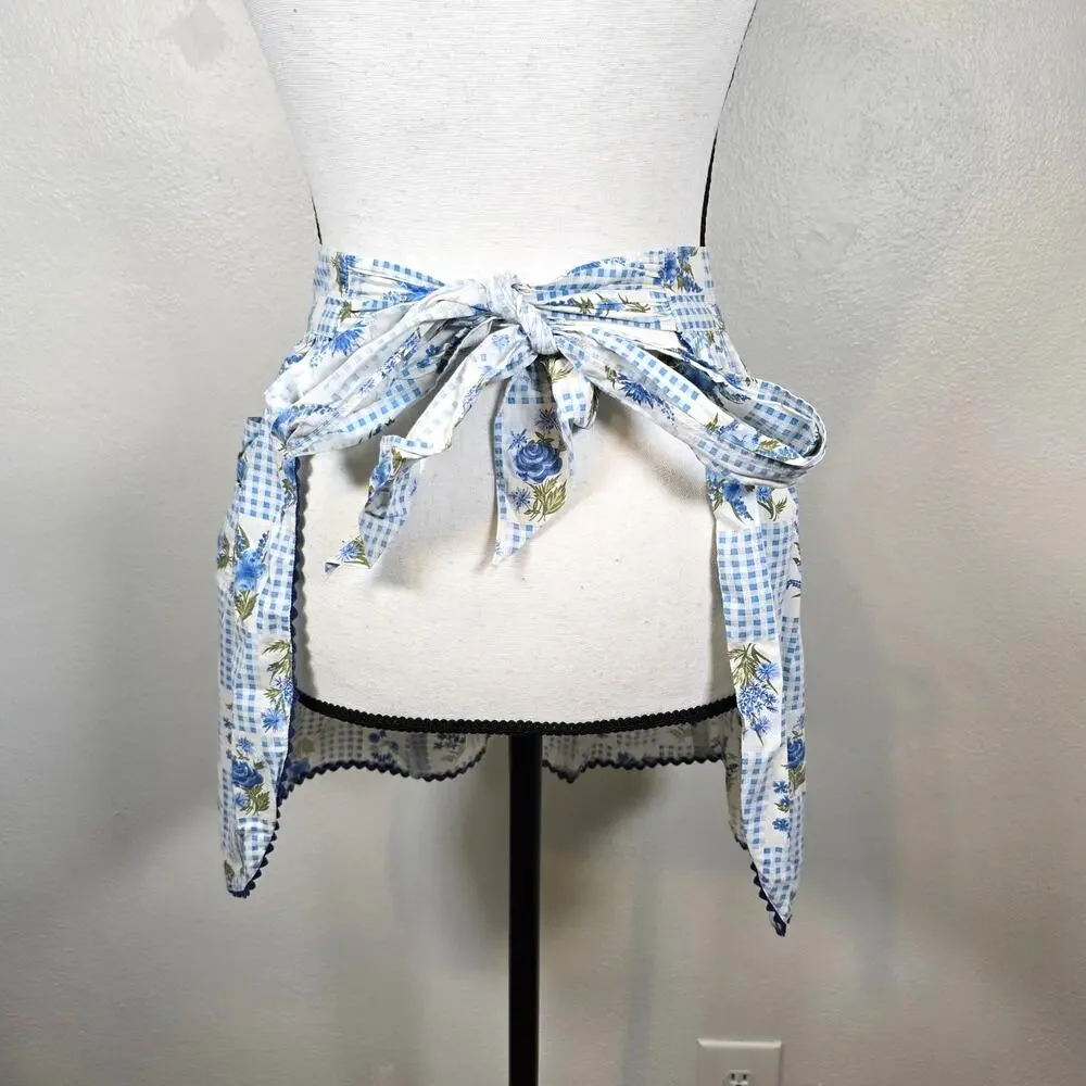 Vintage Half Apron Blue Gingham Floral Patchwork Tie Back Classic 60s 50s Retro